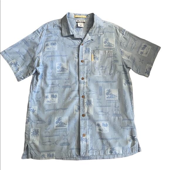 Columbia Polo SHIRT Mens XL Blue Tropical River Lodge Short Sleeve Button Down - Picture 1 of 8